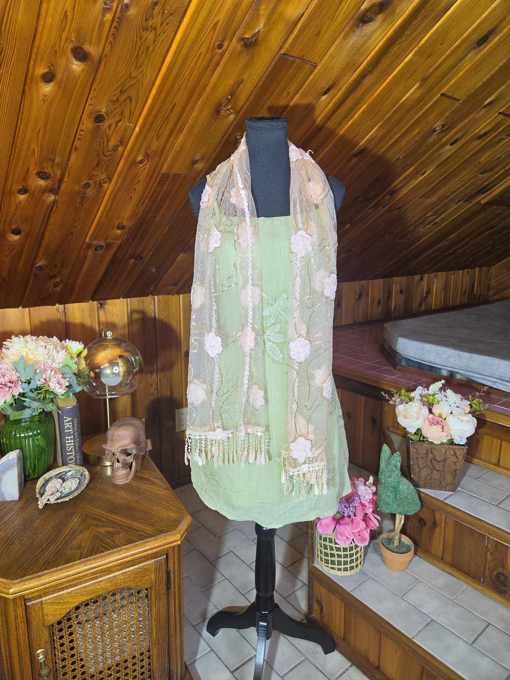 Sheer Pink Floral Embroidered Scarf with Fringe